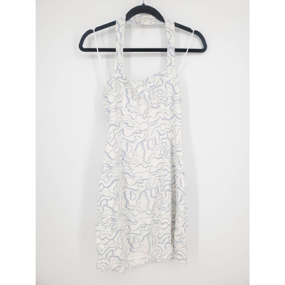Abercrombie & Fitch Womens White Blue Print Halter Linen Blend Dress Medium Tall